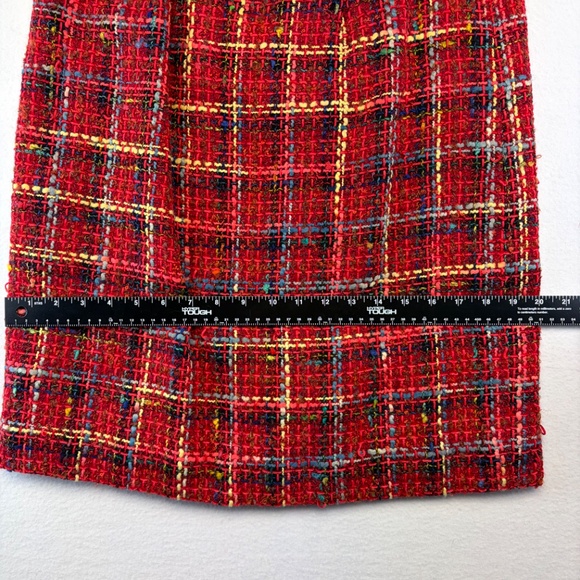 Vintage Women's Skirt Red Boucle Union-Made Wool 10 Plaid Academia Tartan Pencil - Picture 10 of 15